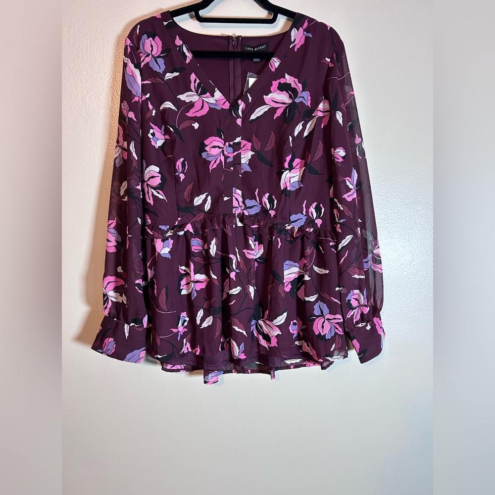 NWT LANE BRYANT Burgundy Floral sheer sleeves Blouse Size 14